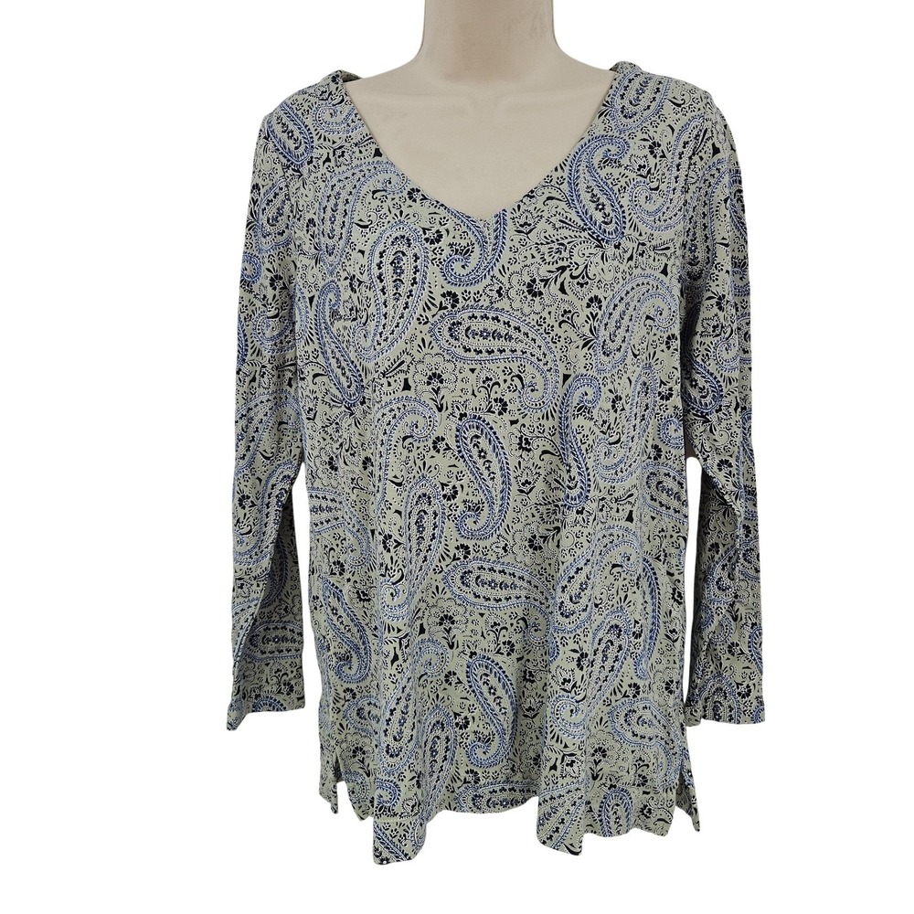 J Jill Tunic‎ Shirt Women XS Green Blue Paisley Simply Supima Side Slit Cottage